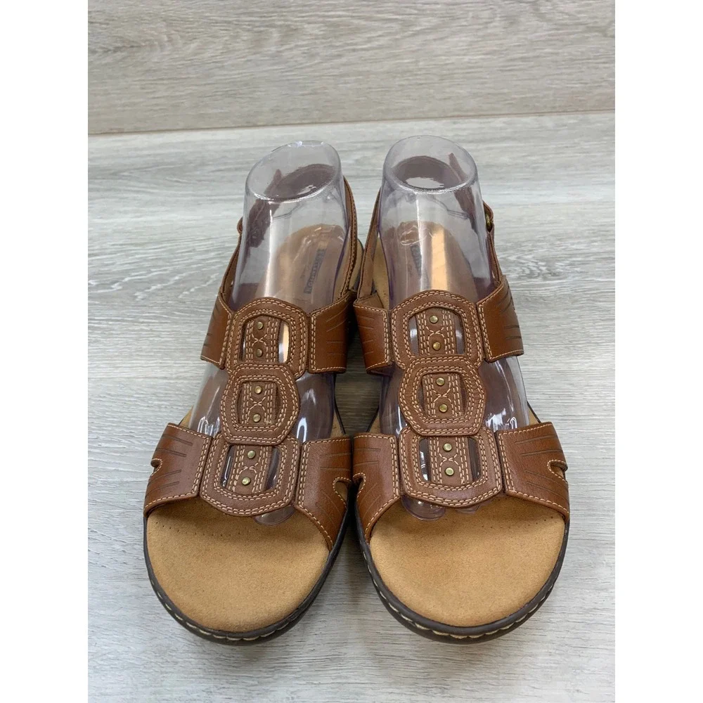 Clarks Women's Leisa Vine Tan Leather Strappy Sandals 9.5 Comfort Casual Shoes